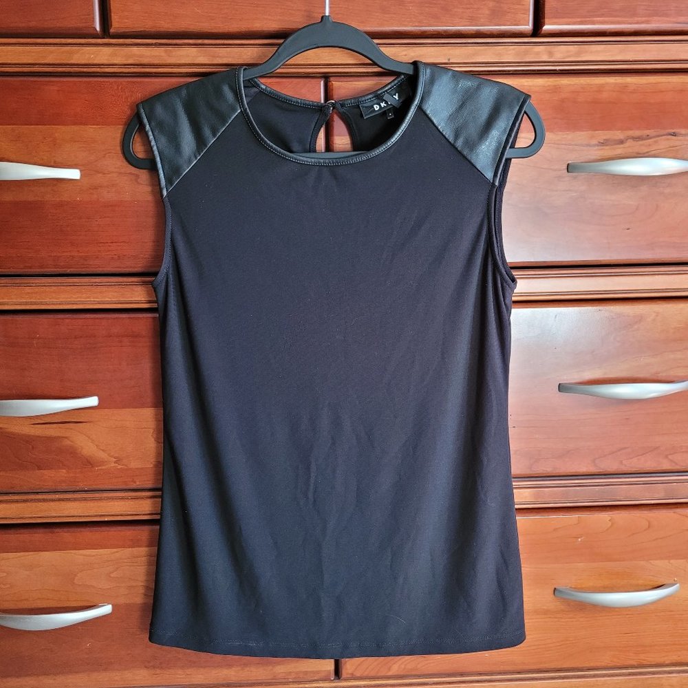 DKNY Faux Leather Sleeve Tank Top, Small, Black
